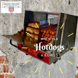 Grind House - NYC style hotdogs. 4 euros all day. Late night snack. Steamed hotdogs