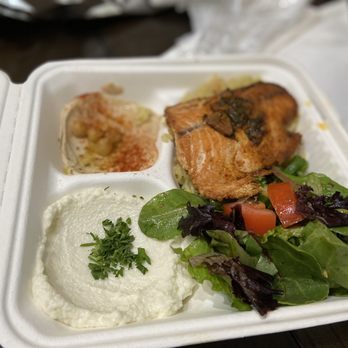 Kebab G Stop - Salmon plate with hummus and taziki sauce. Salad. Delicious. Half rice half salad - Mediterranean Near Me - La Verne, California Kebab G Stop - Salmon plate with hummus and taziki sauce. Salad. Delicious. Half rice half salad - Mediterranean Near Me - La Verne, California