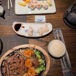 TOA Asian Fusion - Top:avocado & tuna rolls, egg custard & salmon sashimi. Bottom: shrimp & beef teriyaki w/broccoli