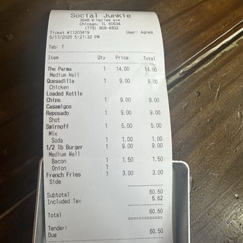 Social Junkie - Receipt - Beer Bar Near Me - Chicago, Illinois Social Junkie - Receipt - Beer Bar Near Me - Chicago, Illinois
