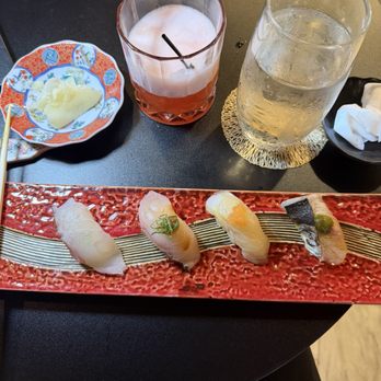Blue Pagoda - Left to right: Nadia with Sakura Salem shima ají with ume sauce, hirame with momiji oroshi, smoked sagoshi with nam jim - Sushi Bars Near Me - San Jose, California Blue Pagoda - Left to right: Nadia with Sakura Salem shima ají with ume sauce, hirame with momiji oroshi, smoked sagoshi with nam jim - Sushi Bars Near Me - San Jose, California