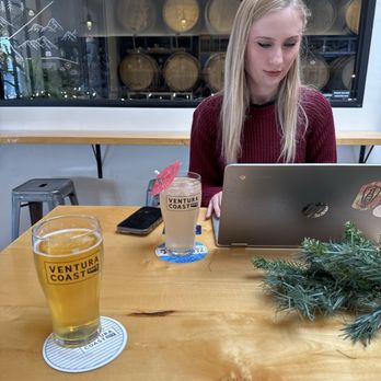 Ventura Coast Brewing - Inside sitting area. Beer: Beachscape; American pils - Breweries Near Me - Ventura, California