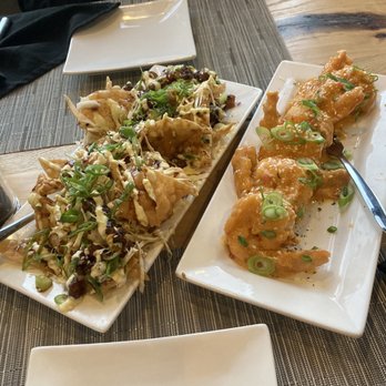 NaCl + H2O - Starters: Tuna Poke Nachos, and Sweet and Spicy Shrimp. - Two rectangular plates with Asian dishes, garnished with green onions, are placed on a wooden table at a restaurant. - Cocktail Bars Near Me - Rolla, Missouri