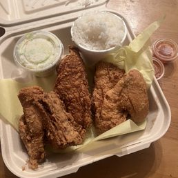 3 piece white meat, rice and coleslaw.