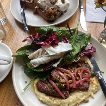 Cafe Olli - French toast with apple compote pecans and whipped cream and Steak and Grits with a seasonal greens salad. - Cafes Near Me - Portland, Oregon Cafe Olli - French toast with apple compote pecans and whipped cream and Steak and Grits with a seasonal greens salad. - Cafes Near Me - Portland, Oregon