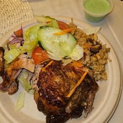 Golden Chicken II Peruvian - Pollo a la brasa, "avo" salad (more salad than avocado), mixto chaufa ans aji verde (odd mint green color but tastes ok)