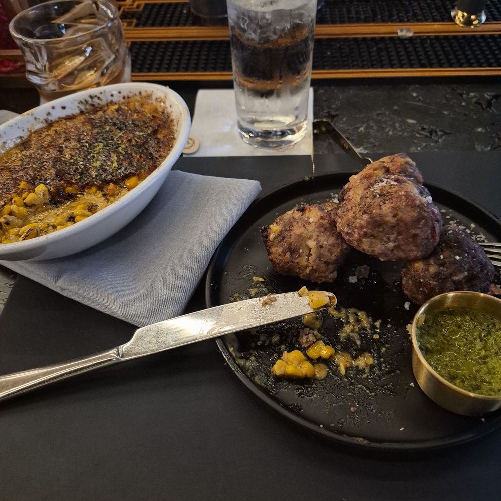 Meatballs and corn cream brulee Meatballs and corn cream brulee