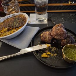 Meatballs and corn cream brulee Meatballs and corn cream brulee