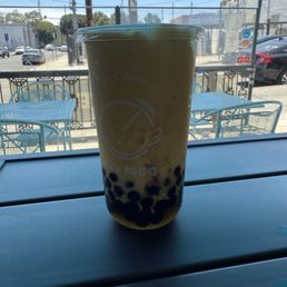 Mango boba with popping boba and regular boba Mango boba with popping boba and regular boba