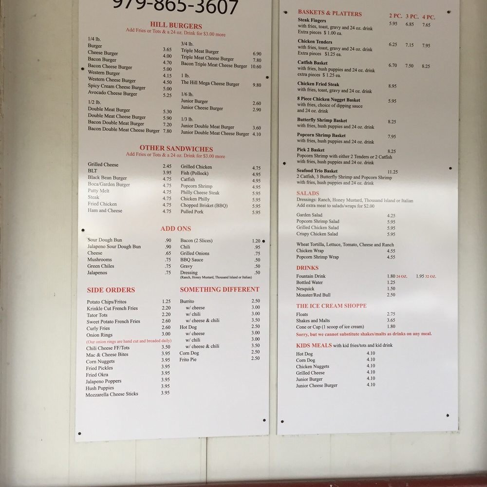 The Hill - Menu as of March 2018 - Fast Food Near Me - Bellville, Texas
