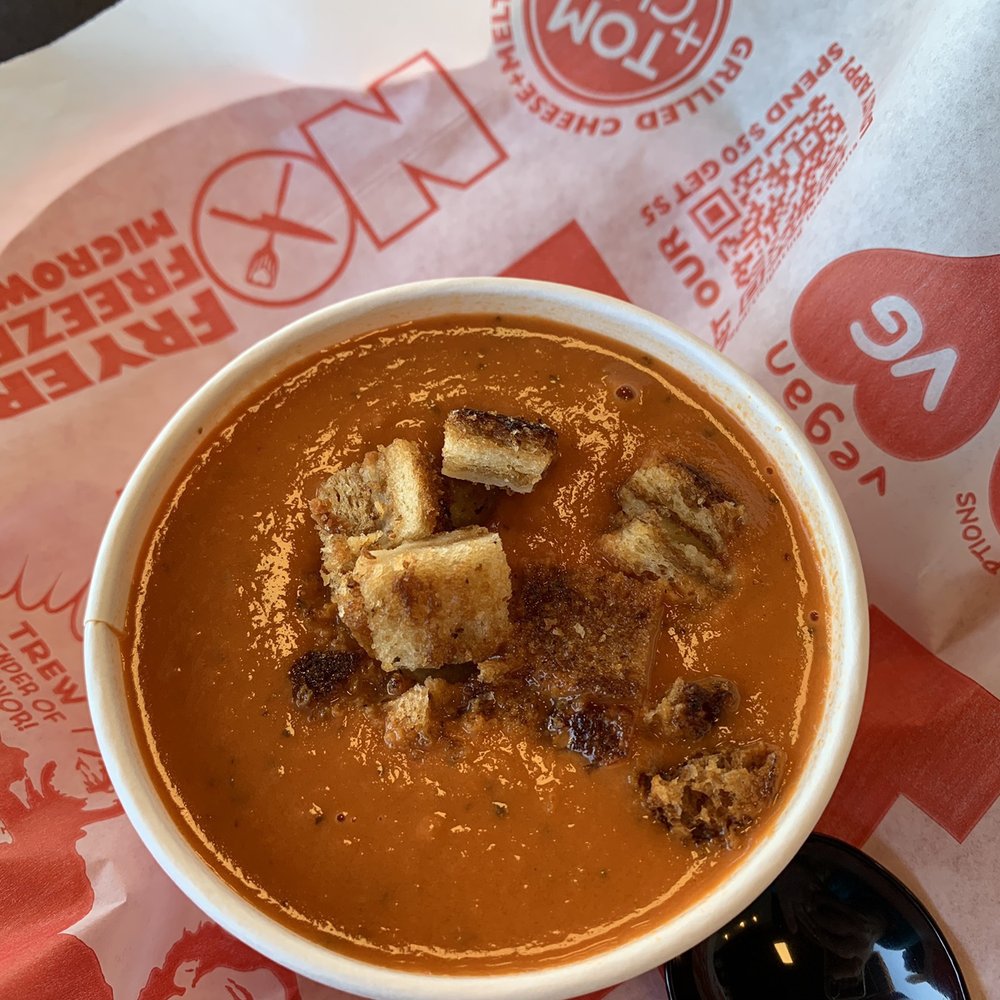 Tom & Chee - Tomato Basil Soup with grilled cheese croutons. - American Near Me - Oklahoma City, Oklahoma Tom & Chee - Tomato Basil Soup with grilled cheese croutons. - American Near Me - Oklahoma City, Oklahoma