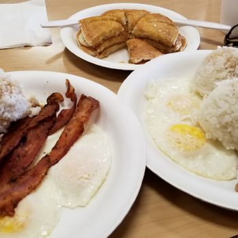 Koa Pancake House - Bacon breakfast plate and New York steak breakfast plate with over easy eggs - Breakfast & Brunch Near Me - Waipahu, Hawaii Koa Pancake House - Bacon breakfast plate and New York steak breakfast plate with over easy eggs - Breakfast & Brunch Near Me - Waipahu, Hawaii