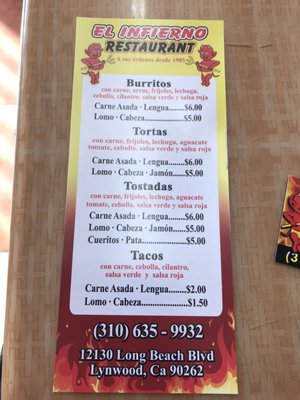 Menu photo 1 El Infierno Restaurant Lynwood, CA Menu photo 1 El Infierno Restaurant Lynwood, CA