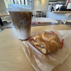Tim Hortons - Iced Caramel Macchiato bacon Egg and Cheese Croissant Sandwich