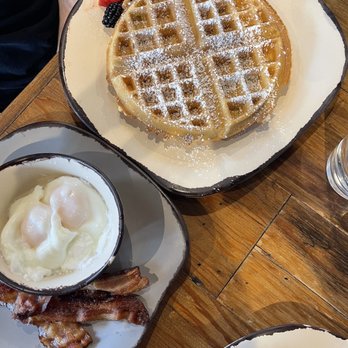 Egg Harbor Cafe - Belgian Waffle Combo with Poached Eggs and Bacon - Breakfast & Brunch Near Me - Chicago, Illinois