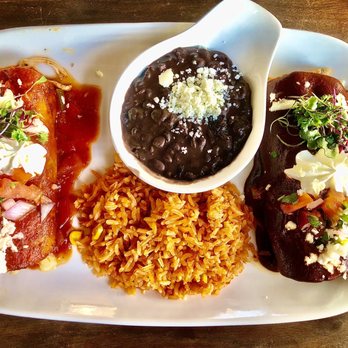 Sol Agave - Crab and shrimp enchiladas red sauce and molé rice and black beans All delish - New Mexican Cuisine Near Me - Santa Monica, California Sol Agave - Crab and shrimp enchiladas red sauce and molé rice and black beans All delish - New Mexican Cuisine Near Me - Santa Monica, California