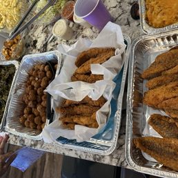 Green, fish, chicken, Mac and cheese Green, fish, chicken, Mac and cheese