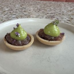 amuse-bouche: Wafer base, Tuna, with Herb cream on top. amuse-bouche: Wafer base, Tuna, with Herb cream on top.