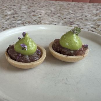Jeune Et Jolie - amuse-bouche: Wafer base, Tuna, with Herb cream on top. - French Near Me - Carlsbad, California Jeune Et Jolie - amuse-bouche: Wafer base, Tuna, with Herb cream on top. - French Near Me - Carlsbad, California
