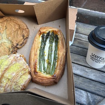 Wayfarer Bread & Pastry - Asparagus tile, chocolate chip cookie, and strawberry pistachio croissant. - Bakeries Near Me - San Diego, California Wayfarer Bread & Pastry - Asparagus tile, chocolate chip cookie, and strawberry pistachio croissant. - Bakeries Near Me - San Diego, California