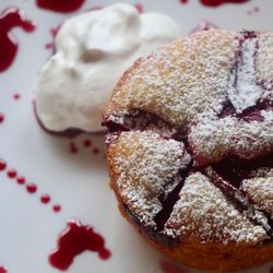 Farow - Ricotta cake with plum, red wine syrup and sumac chantilly