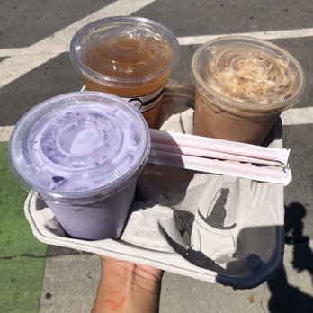 Cafe Aficionado - Ube Latte + Black Tea Lemonade + Samoa Latte - Coffee & Tea Near Me - Los Angeles, California