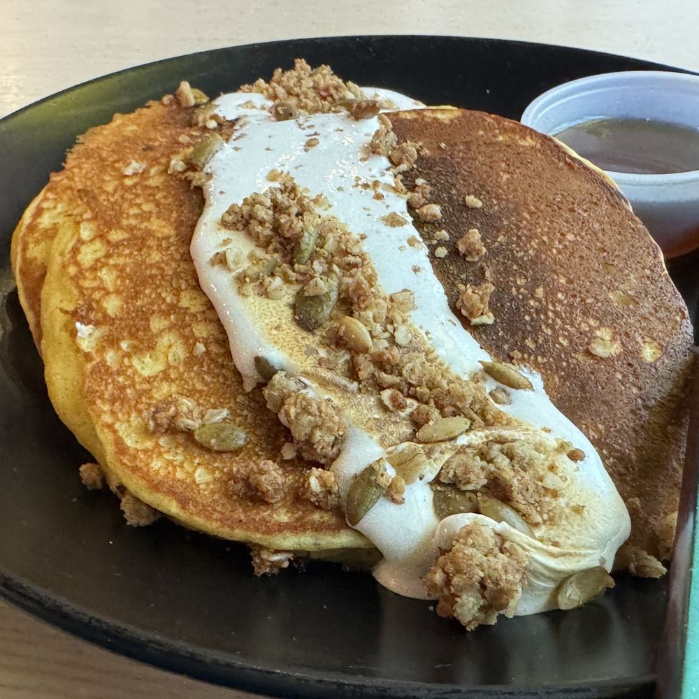 Atria Cafe - SWEET POTATO BABYCAKES THREE SWEET POTATO SOURDOUGH PANCAKES + MARSHMALLOW + PEPITA STREUSEL + SPICED BROWN SUGAR SYRUP - Cafes Near Me - Lakewood Ranch, Florida