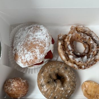 Earnest Donuts - Top row - Strawberry Shortcake Donut, old Cinnamon Sugar Cake Donut, and Blueberry Crumb Cake Donut - Donuts Near Me - Lewisville, Texas