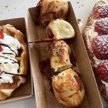 Tous Les Jours - Strawberry Belgian Waffle, garlic butter sausage, strawberry and cream crossaint - Bakeries Near Me - Gaithersburg, Maryland