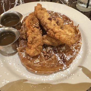 Grand Lux Cafe - Chicken & Waffles... chicken needed more seasoning but it was very fresh and probably one of the best waffles ever! - Desserts Near Me - Las Vegas, Nevada