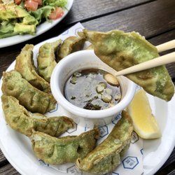 RAKKAN Ramen - DTLA - Vegan Gyoza are crunchy, crispy and packed with delicious vegetables like edamame, cabbage and carrots!