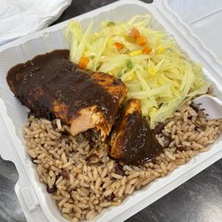 Oneluv Reggae Cafe & Restaurant - Jerk Salmon w/ Rice & Beans