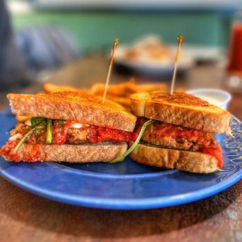Waffle Bite - a grilled sandwich on a blue plate - Breakfast & Brunch Near Me - Redding, California
