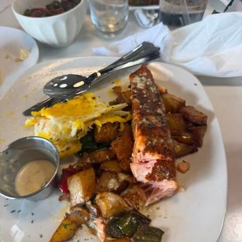 15 Brunch Bar - Salmon Hash entree, uneaten which she stated we consumed and  refused to pay for. The potatoes were cold and unseasoned salmon. - Breakfast & Brunch Near Me - Saint Charles, Missouri