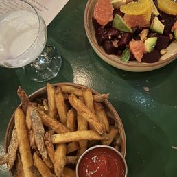 French fries and beet with avocado. French fries and beet with avocado.