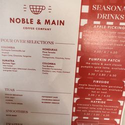 Noble & Main Coffee Co. - Current seasonal menu. Oct 2025