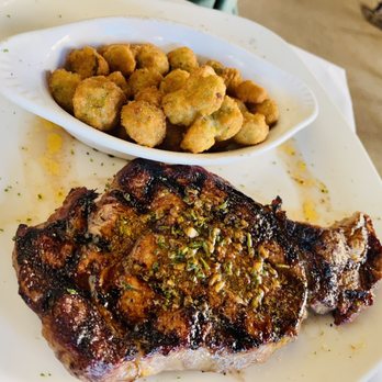 Half Shell Oyster House - Juicy ribeye and side of fried okra - Seafood Near Me - Biloxi, Mississippi