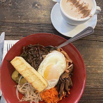 Beechwood Cafe - Bibim Bowl with tofu and hot chai latte - Breakfast & Brunch Near Me - Jersey City, New Jersey Beechwood Cafe - Bibim Bowl with tofu and hot chai latte - Breakfast & Brunch Near Me - Jersey City, New Jersey