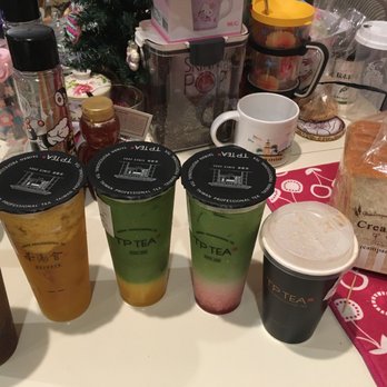 TP Tea - Takeout of 5 drinks: Tie Guan Yin Tea Latte, TGY Tea Cheese Cream Foam, Mango Matcha Latte, Strawberry Matcha Latte, and TGY Milk Tea Hot - Bubble Tea Near Me - Irvine, California