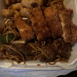 Empire Wok - Lo Mein, penut butter breaded chicken, pepper steak