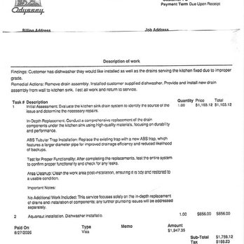 Odyssey Plumbing - "OUTRAGEOUS" $1947. for replacing a sink trap with clean-out, installing a dishwasher and 3 screw installation of water sensor. - Plumbing Near Me - Seattle, Washington Odyssey Plumbing - "OUTRAGEOUS" $1947. for replacing a sink trap with clean-out, installing a dishwasher and 3 screw installation of water sensor. - Plumbing Near Me - Seattle, Washington