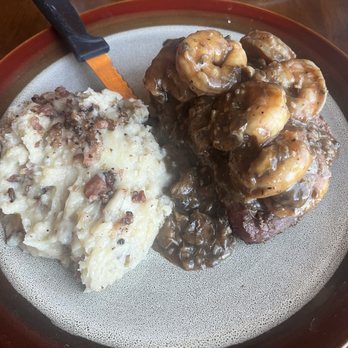 Beef N Bone Steakhouse - 10oz flat iron, cooked blue rare. "Northern breaks" style with crab, shrimp, mushrooms in brown sauce. "Loaded" mashed potatoes - Steakhouses Near Me - Ulm, Montana Beef N Bone Steakhouse - 10oz flat iron, cooked blue rare. "Northern breaks" style with crab, shrimp, mushrooms in brown sauce. "Loaded" mashed potatoes - Steakhouses Near Me - Ulm, Montana