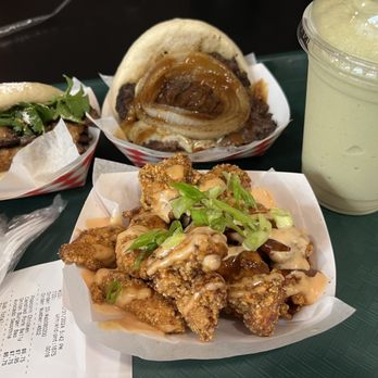 Teawich - Popcorn chicken, grilled onion burger bao, candied pork belly bao, and an avocado honey smoothie. - Bubble Tea Near Me - Upland, California