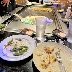 Fujiyama Sushi & Hibachi - Spicy Edamame & Sushi remains before Hibachi