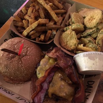 Twisted Root Burger - Elk build your own burger with the fries and fried pickles. - Burgers Near Me - Waco, Texas