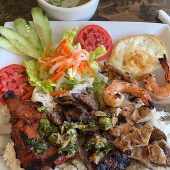 Pho Linh Vietnamese Grill - 37 B: From left to right: grilled pork, grilled beef, grilled chicken, grilled shrimp. Up top: chicken broth/soup -- fried egg - Vietnamese Near Me - Albuquerque, New Mexico Pho Linh Vietnamese Grill - 37 B: From left to right: grilled pork, grilled beef, grilled chicken, grilled shrimp. Up top: chicken broth/soup -- fried egg - Vietnamese Near Me - Albuquerque, New Mexico