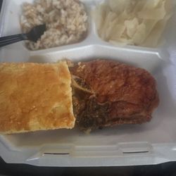 Nana’s Kitchen - Corn bread, pork chop, cabbage, rice and gravy.
