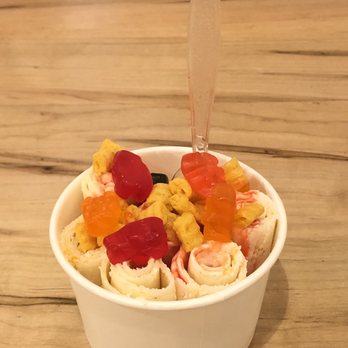 Rolled Cold Creamery - Cap'n Crunch, strawberry syrup, gummy bears (with more Cap'n Crunch on top) - Ice Cream & Frozen Yogurt Near Me - Lancaster, Pennsylvania