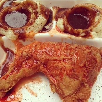 Blue & White Carry-out - Chicken leg/thigh with two helpings of mashed potatoes and gravy. - Southern Near Me - Alexandria, Virginia Blue & White Carry-out - Chicken leg/thigh with two helpings of mashed potatoes and gravy. - Southern Near Me - Alexandria, Virginia