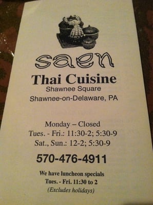 Menu photo 6 Saen Thai Cuisine Shawnee On Delaware, PA Menu photo 6 Saen Thai Cuisine Shawnee On Delaware, PA